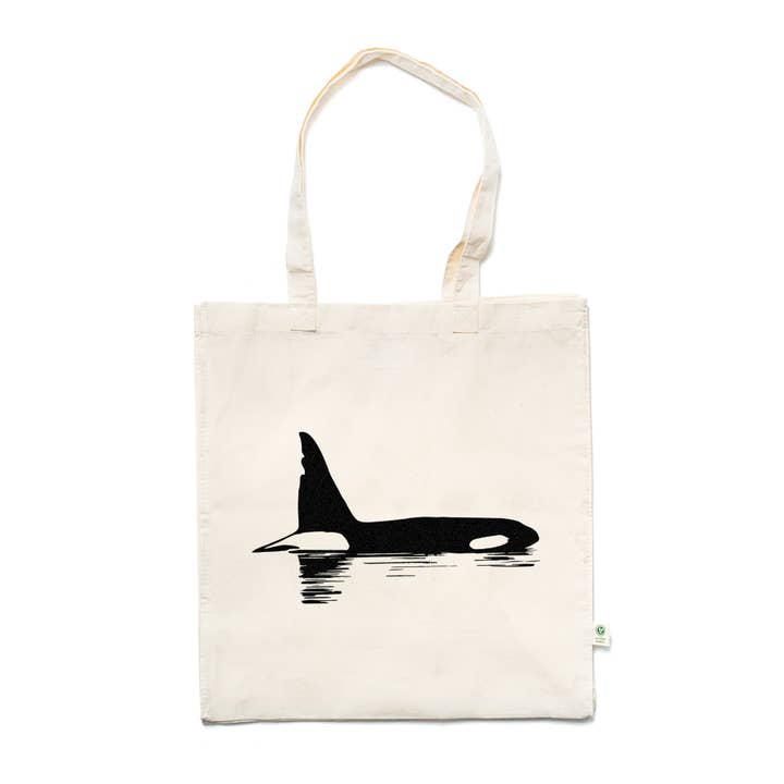 Chainsaw the Orca Printed Organic Cotton Tote Bag for wholesale by Our Wild Puget Sound
