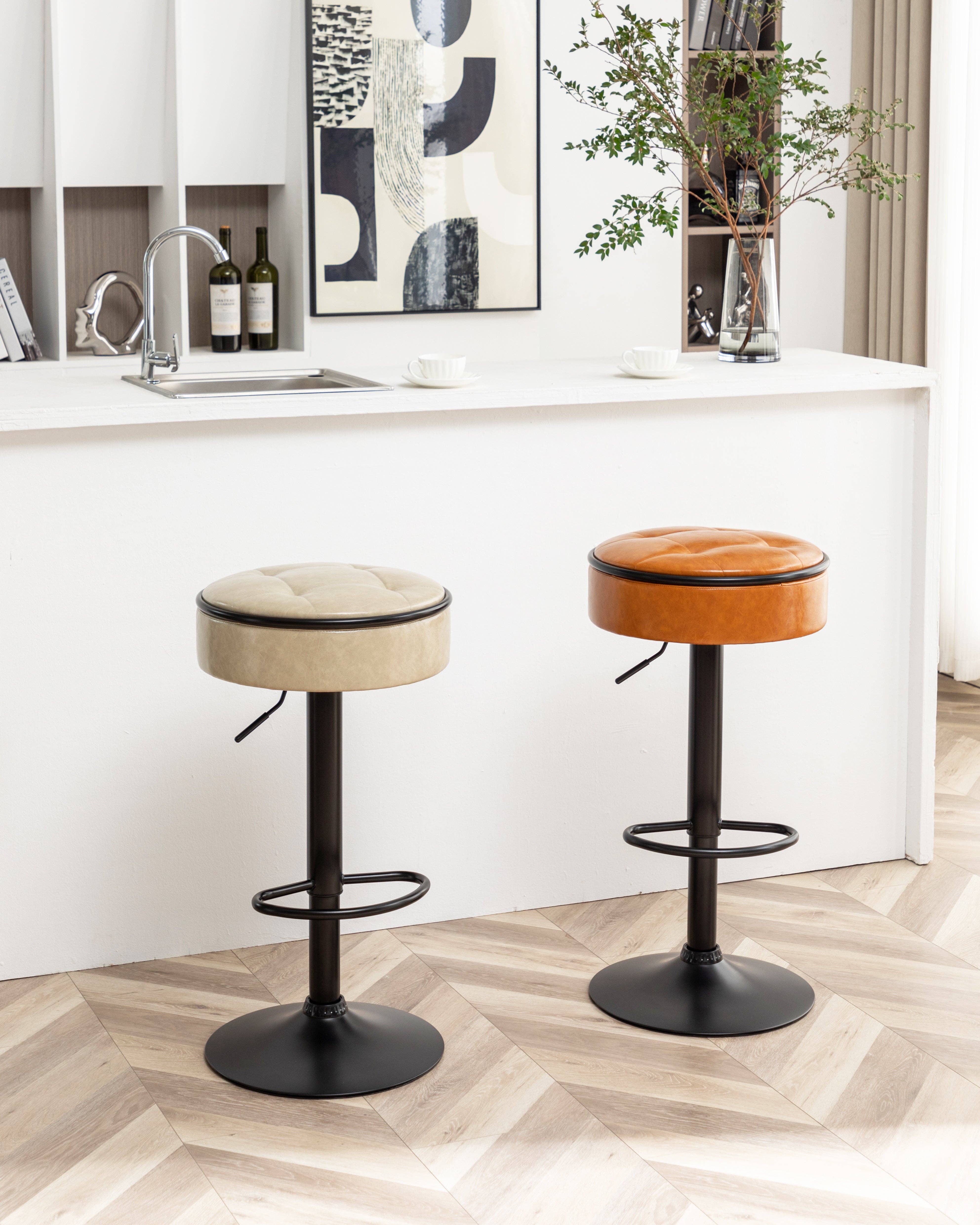 Orange County Decor - Wholesale Stool - Round Storage Bar Stool Set Of 2, Khaki Faux Leather Height Adjustable Barstool, 360 Counter Height Swivel Stool, Armless Bar Chair With Metal Frame For Kitchen Counter Dining Living Room Khaki Set9