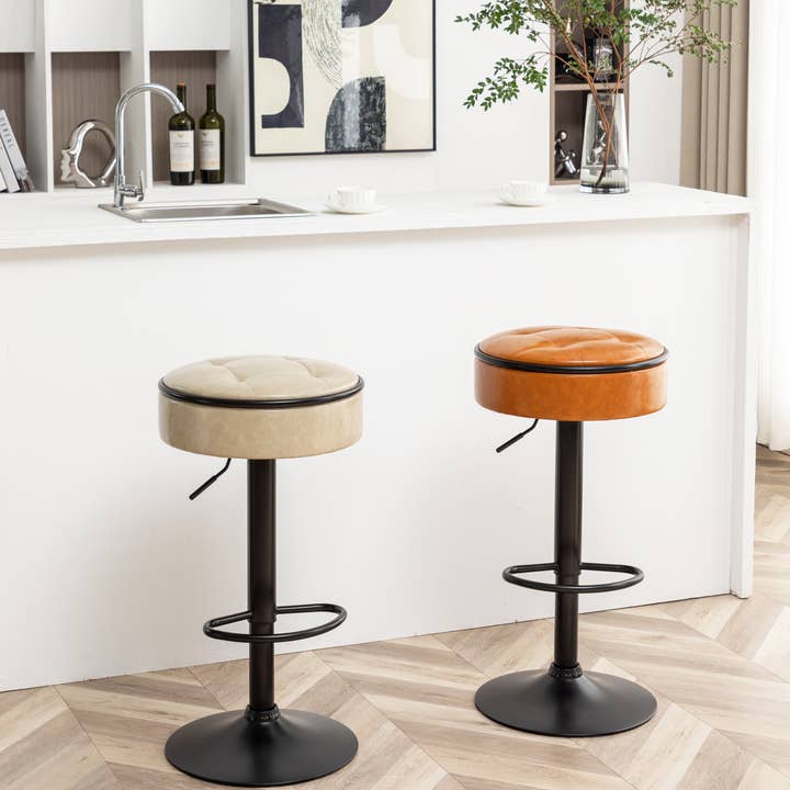 Orange County Decor - Wholesale Stool - Round Storage Bar Stool Set Of 2, Khaki Faux Leather Height Adjustable Barstool, 360 Counter Height Swivel Stool, Armless Bar Chair With Metal Frame For Kitchen Counter Dining Living Room Khaki Set9