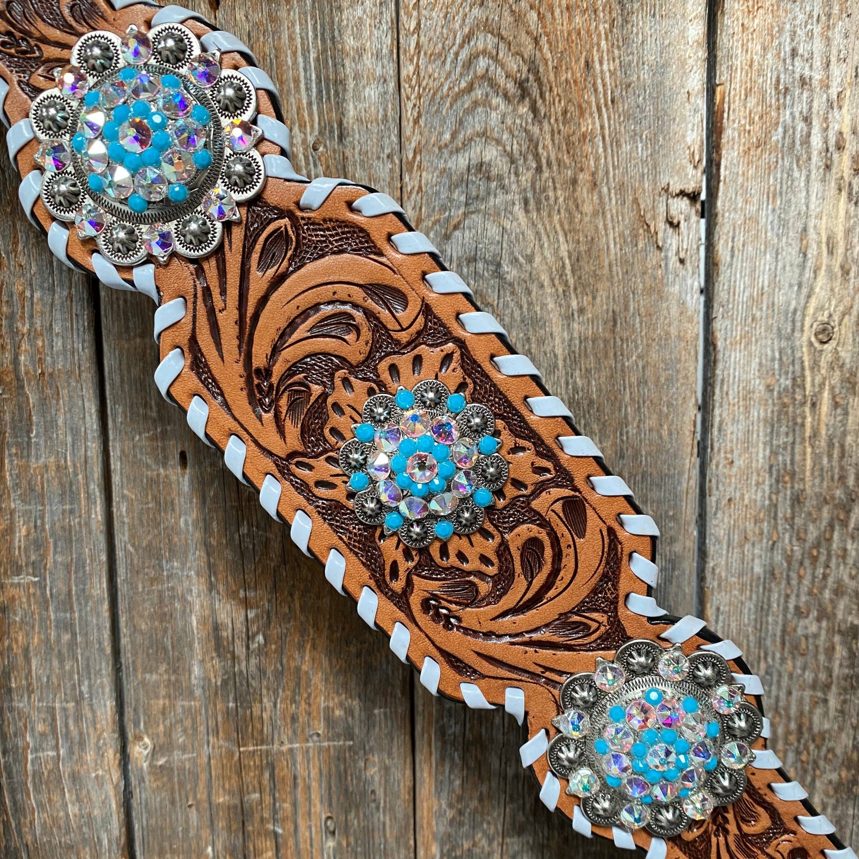 Rodeo Drive - Wholesale Horseback Riding Gear - Whipstitch Turquoise & AB Browband/One Ear Tack Set with Wither Strap  #BBBC4636