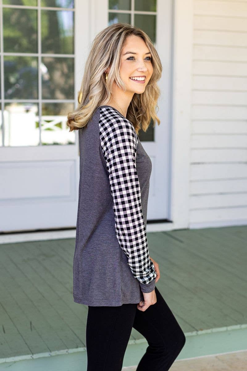 Grey Longsleeve Tee with White Gingham Sleeves for wholesale on Faire