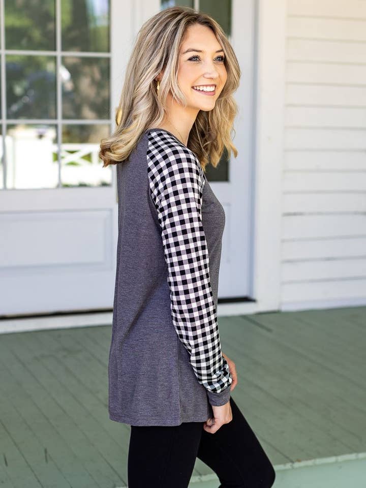 Grey Longsleeve Tee with White Gingham Sleeves for wholesale on Faire0