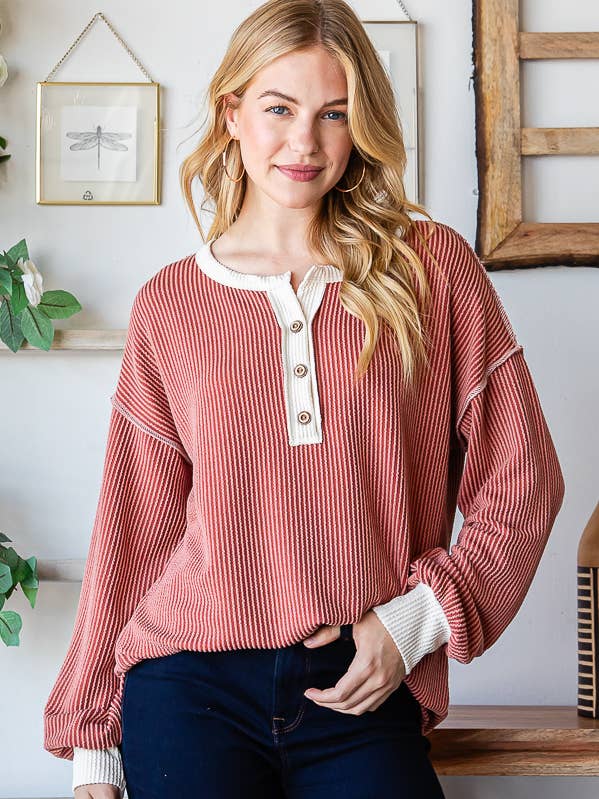 Rib Drop Shoulder Button Front Solid Contrast Trim Top T5296 for wholesale by 7th Ray