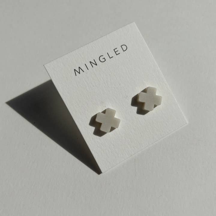 Beige Cross Stud Earrings - Small Cross Earrings, Minimalist for wholesale by Mingled