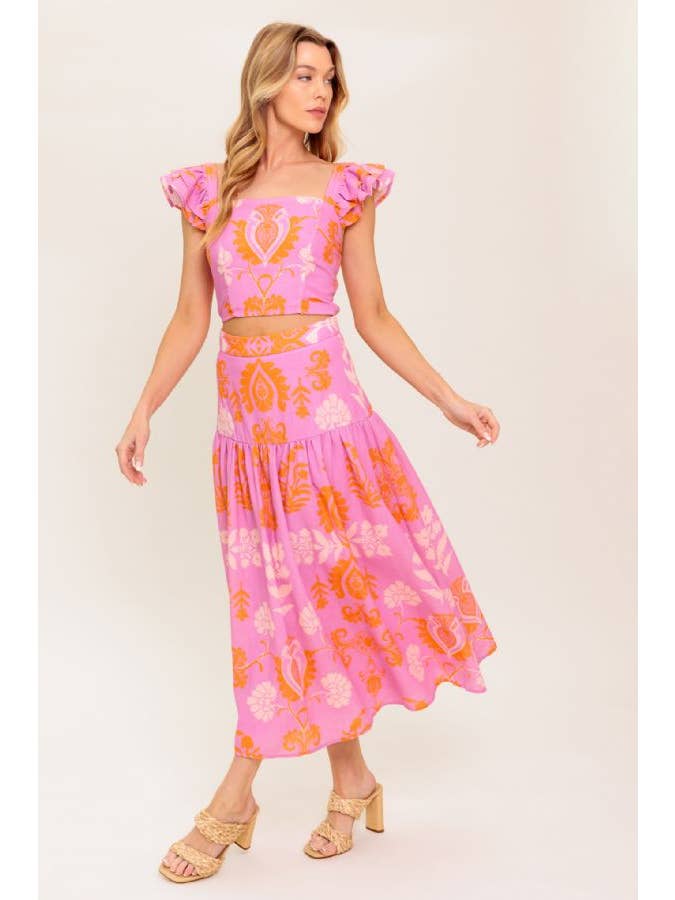 PINK ORANGE A printed woven top and skirt set - IT13641-SET for wholesale on Faire