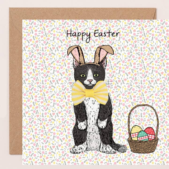 Vintage paaskaart zwarte kat met strik voor wholesale door Apple & Clover