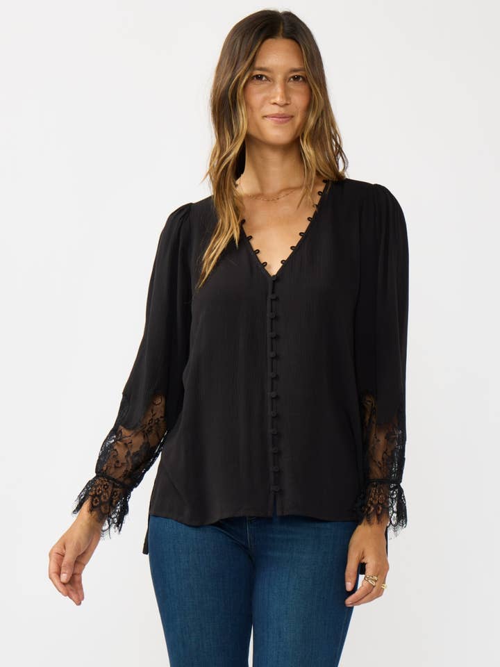 Lace Cuff V-Neck Button Blouse for wholesale by Lovestitch