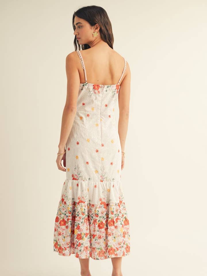 Pink Multi EYELET DETAILED FLORAL BORDER PRINT MIDI DRESS for wholesale on Faire