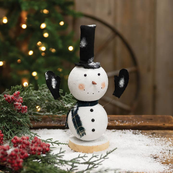 The Hearthside Collection - Wholesale Christmas Decoration - Glittered Roly Poly Top Hat Snowman on Base1