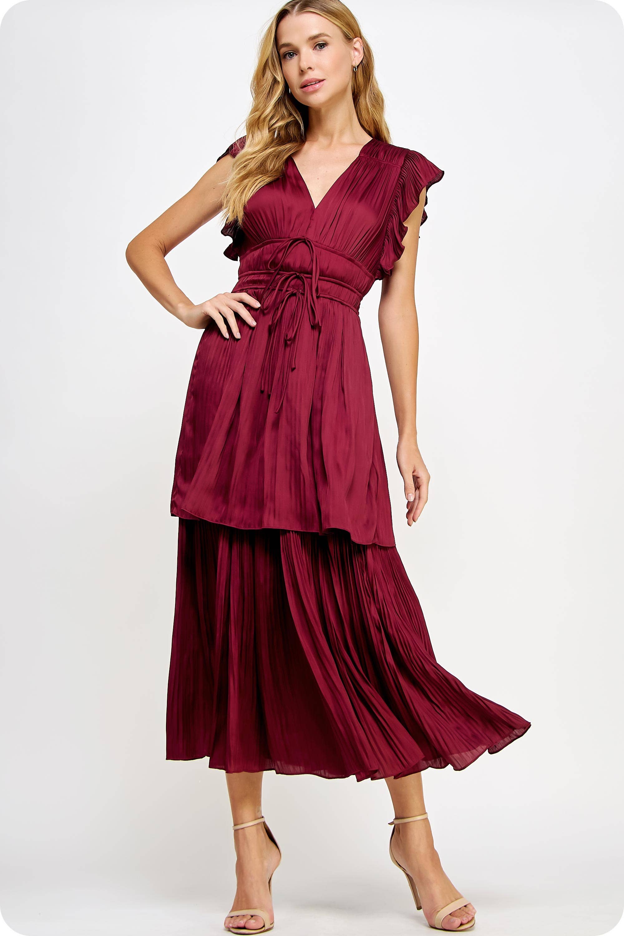 Strut & Bolt – wholesale Dress – Women's – Ruffled Pleated Satin Long Dress13