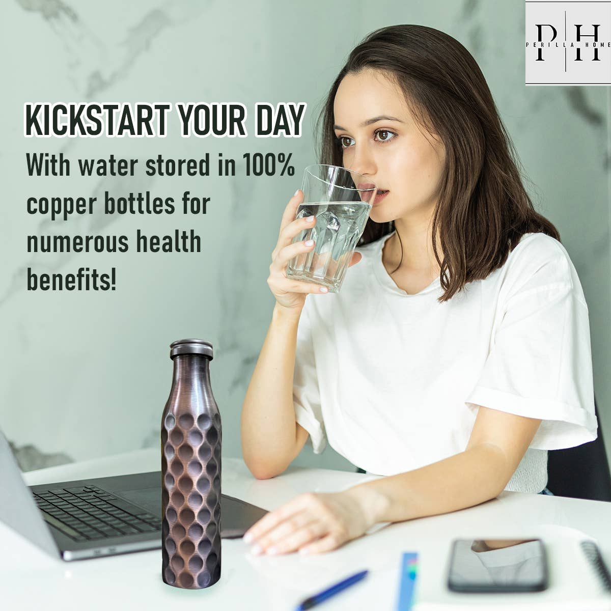 Perilla Home - Wholesale Water Bottle -   BMC Antique Diamond Copper Water Bottle 32.12 Oz 3