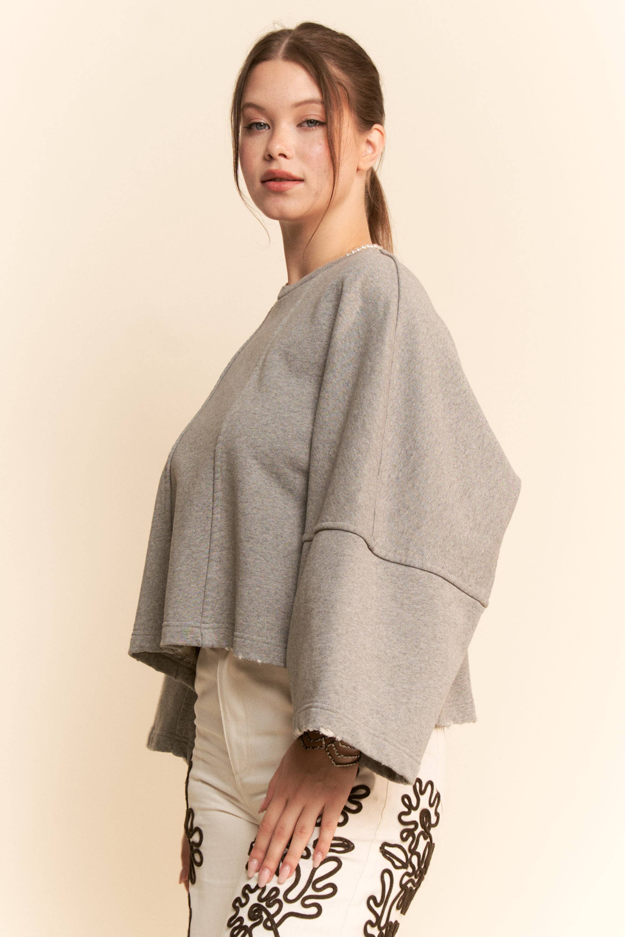 Heather Grey OVERSIZED BELL-SLEEVE RAW HEM SWEATSHIRT for wholesale on Faire3