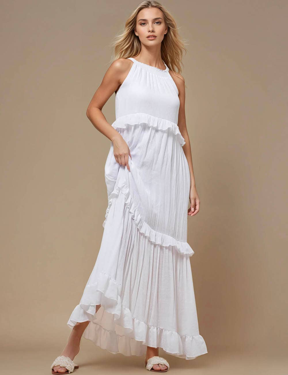 Sweetkama - Vendita all'ingrosso Vestito - Donna - Maxi abito quotidiano da donna con scollo tondo in boemia SKD231197