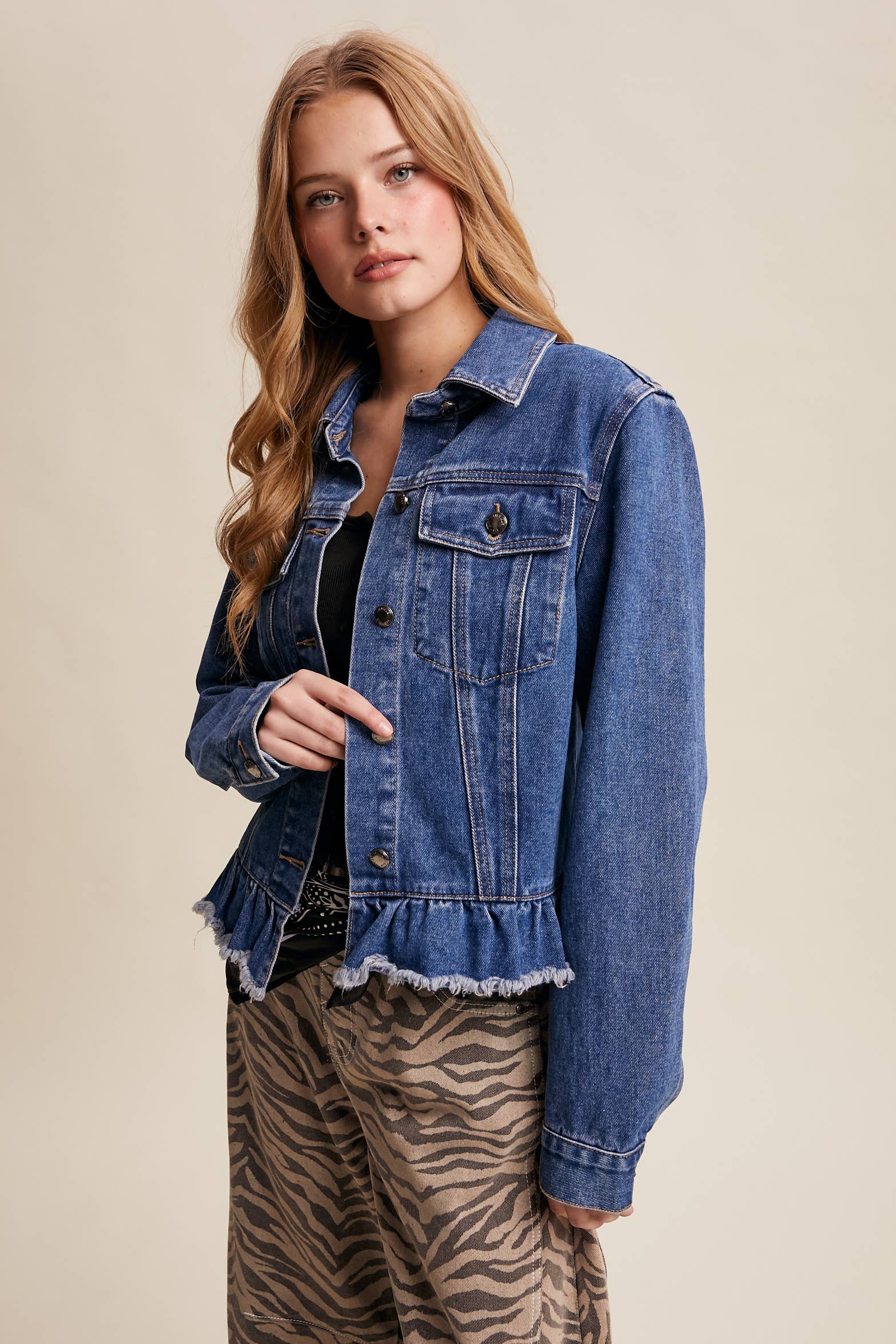 Listicle - Wholesale Denim Jacket - Women's - Ruffled Hem Denim Jacket LJ023622