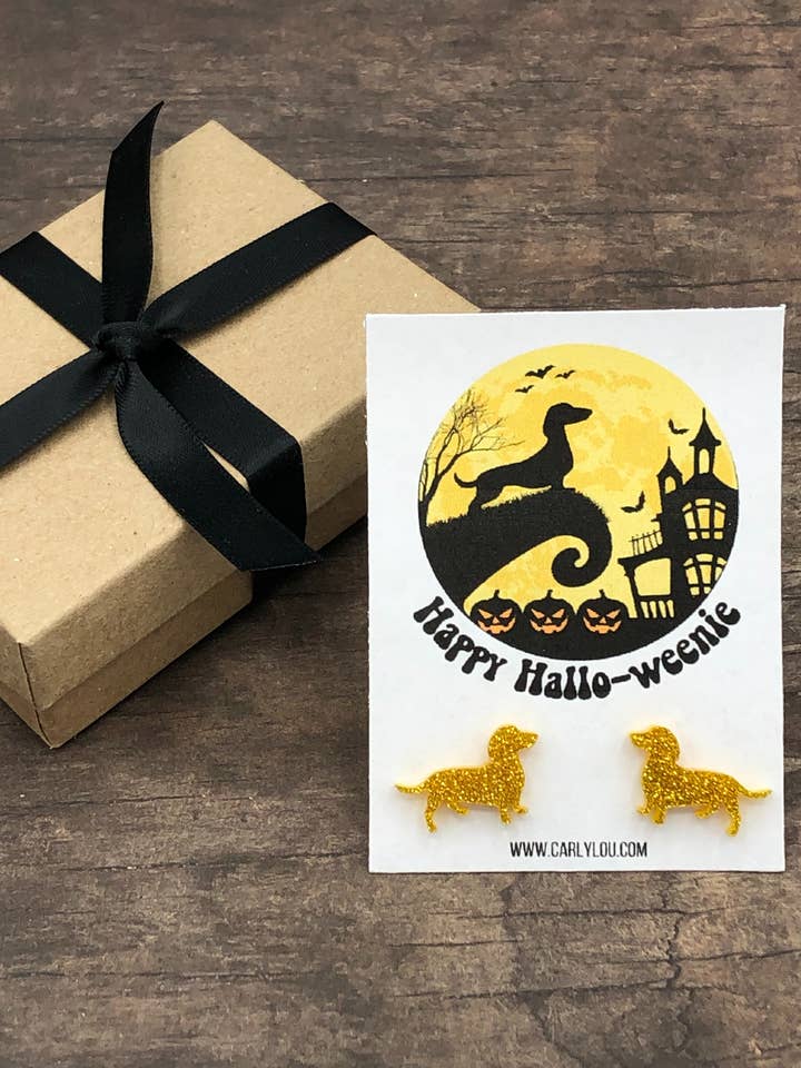Dachshund Earrings Happy Halloweenie - Halloween Dog - Moon for wholesale by Carly Lou