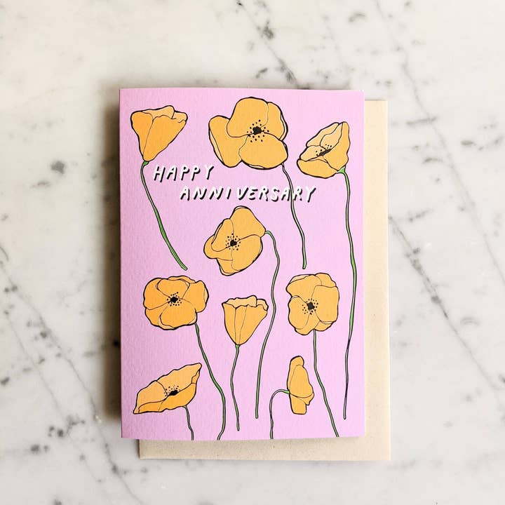 Madeleine Sywulak US - Wholesale Anniversary Card - Happy Anniversary Poppies Card - Orange & Pink3