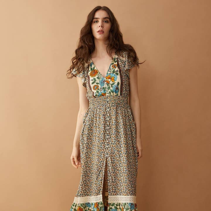 Vestido con volantes y cintura caída bordado Mika Lou para venta al por mayor de Myra Bag