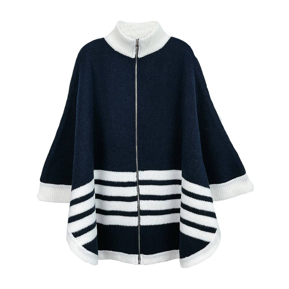 Sensibling Corp. - Wholesale Poncho - Women's - Sporty Bordered Zip Up Knit Cape Poncho16