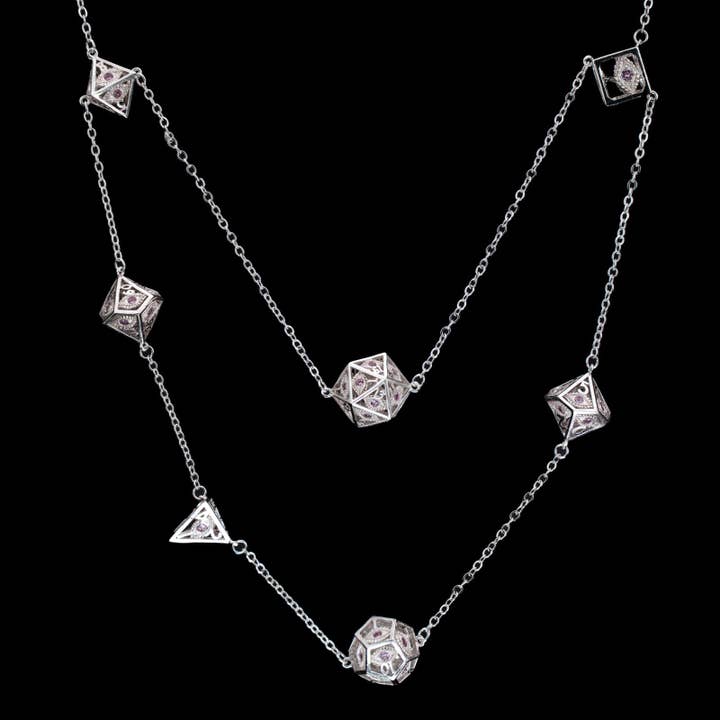 Hymgho Premium Dice - Wholesale Pendant/Charm Necklace - Dragon's Eye 7-die Necklace - Silver with Pink Gems