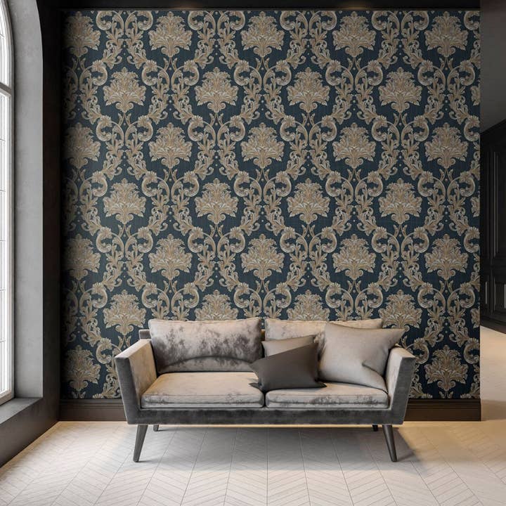 Oriental Damask Deep Embossed Wallpaper, 3D Textured Wallcovering, Traditional, Extra Large 114 sq ft Roll, Stylish Wallpaper, Floral, Blue for wholesale by Walloro Luxury Embossed Wallpaper