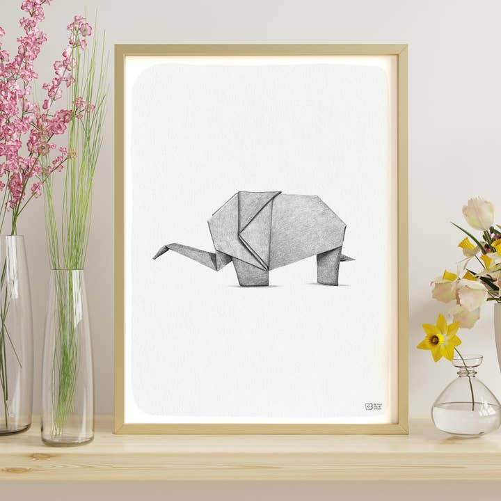 Affiche Origami Elephant vintage noir et blanc déco murale pour la vente par le murmure des murs