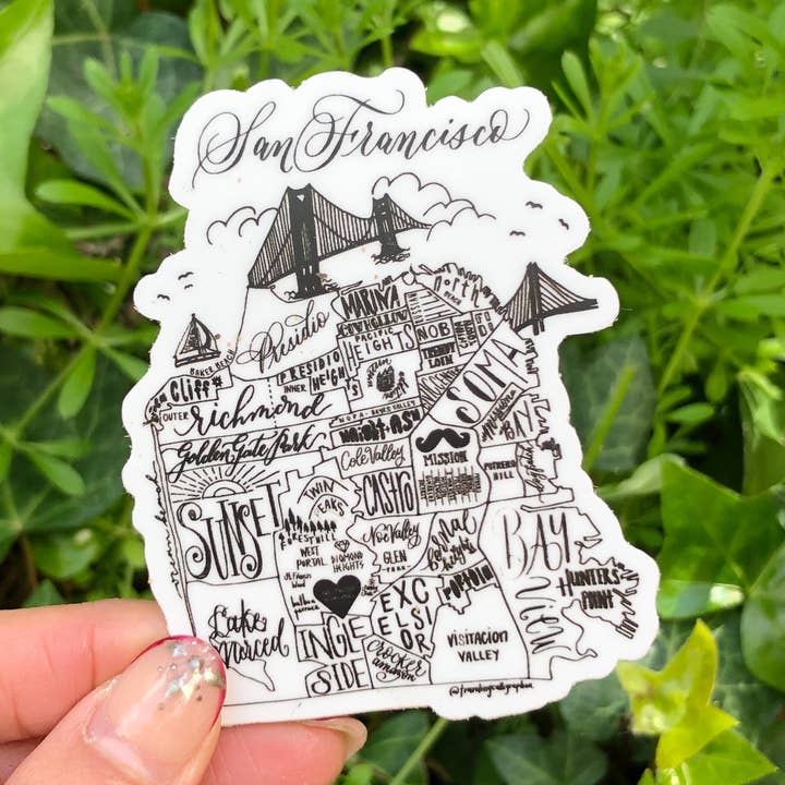 San Francisco Map Sticker | Die-Cut 4" for wholesale by Traveling Calligrapher