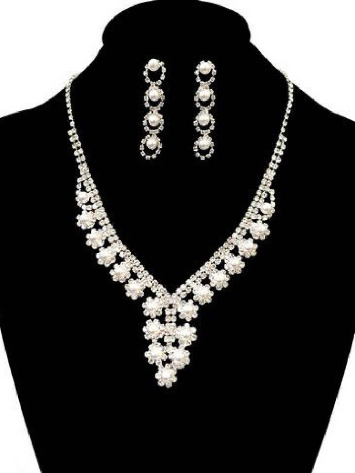 Pearl Flower Rhinestone Pave Necklace & Earring Set for wholesale by SP Sophia Collection