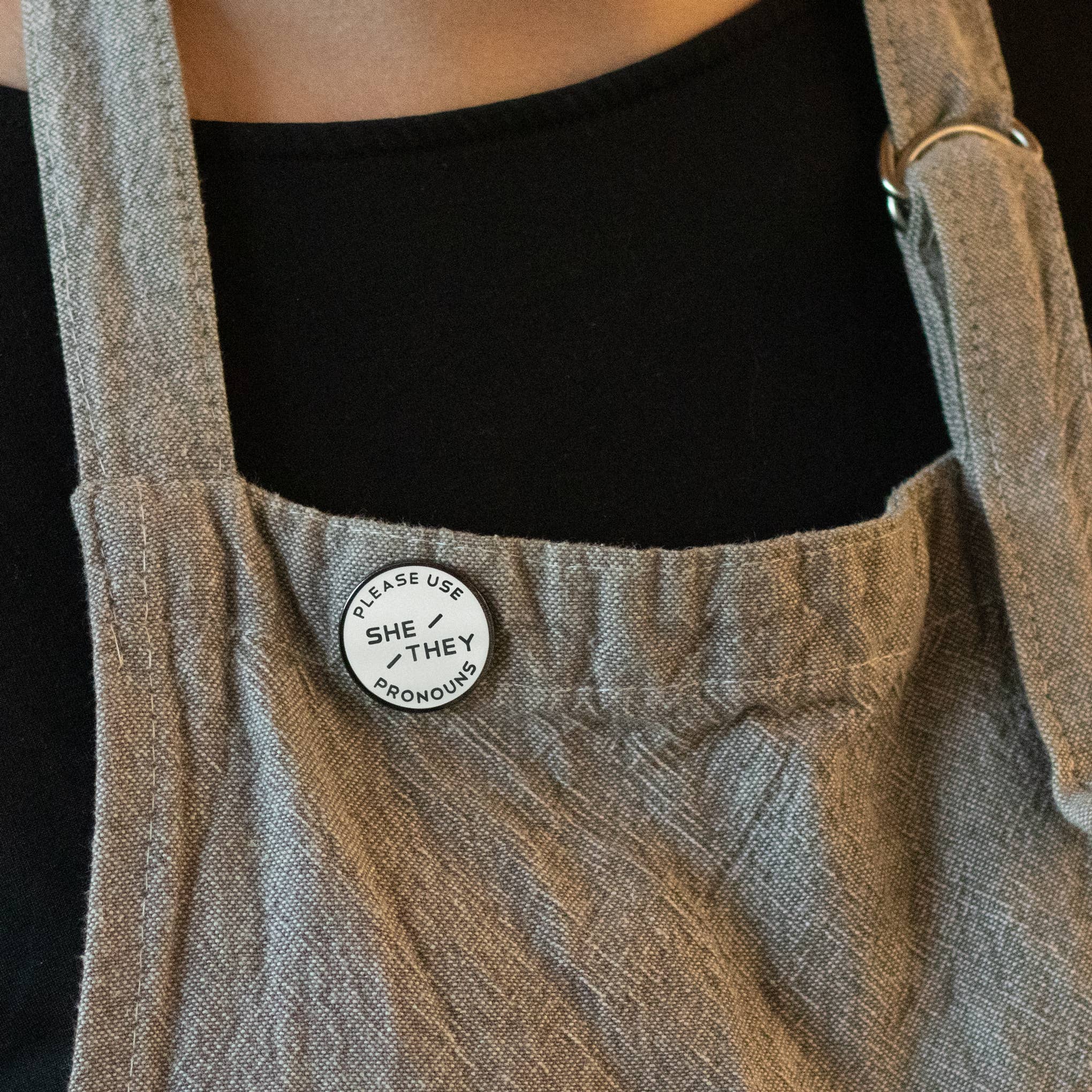 Small Victories - Wholesale Lapel Pin/Button - White & Black Circular Nickel Enamel Pronoun Pin: She/They1