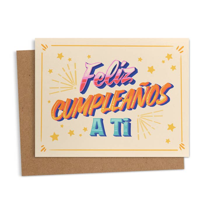 Ana Peake - Vente Cartes d'anniversaire - Carte de vœux d'anniversaire espagnole Feliz Cumpleaños A Ti Rótulo