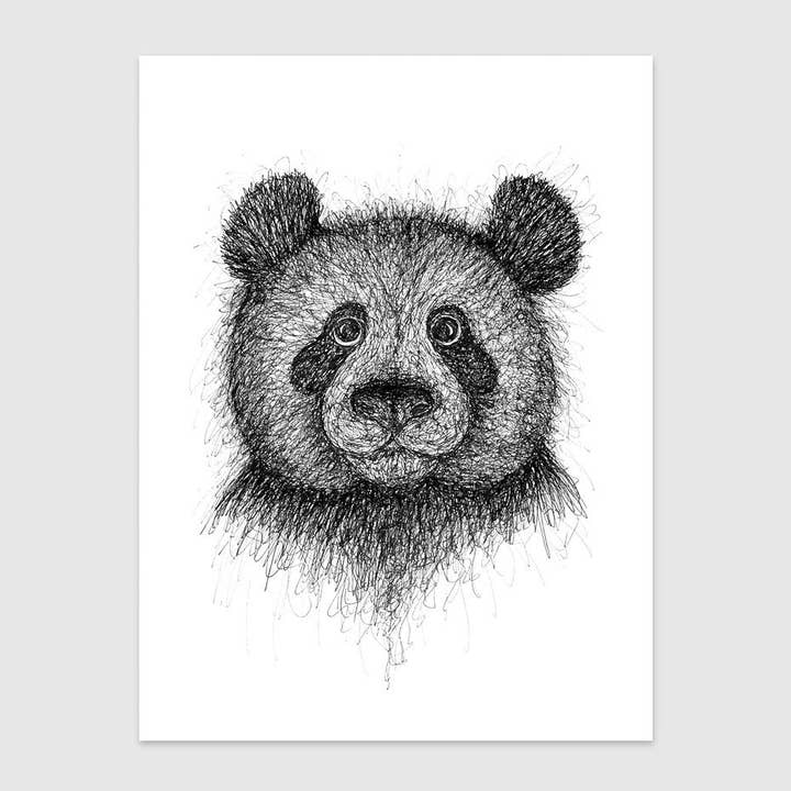 Scribble Panda Wall Art Print A4, Monochrome Art, Nursery for wholesale by Baldy And The Fidget