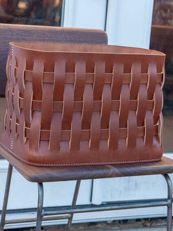 Weaved Leather Basket for wholesale by Harrow and Sickle Leather Goods