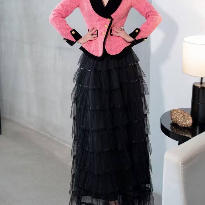 Farbe als Bilder SY314 Elegante Tweed-Jacke mit Maxi-Rock aus Netzstoff und Pailletten für den Großhandel auf Faire2