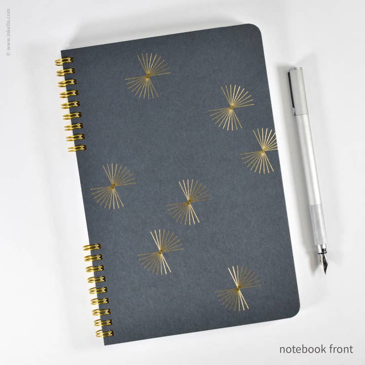 Gold Bursts Spiral Notebook with Stormy Grey Cover (#617) for wholesale by Inkello Letterpress