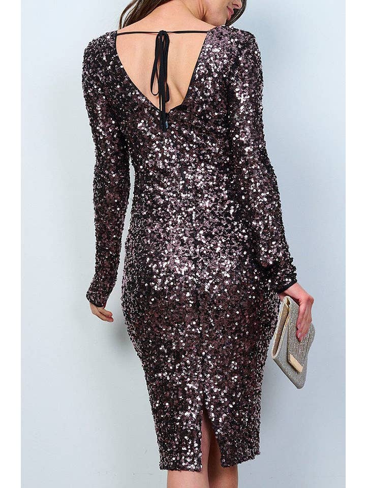 ROUSSEAU - Wholesale Dress - Women's - LONG SLEEVES V-NECK BODYCON SEQUINS MIDI DRESS