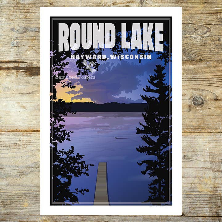 Lakes: Round Lake, WI Retro Travel Poster Prints for wholesale by Bemused Creative