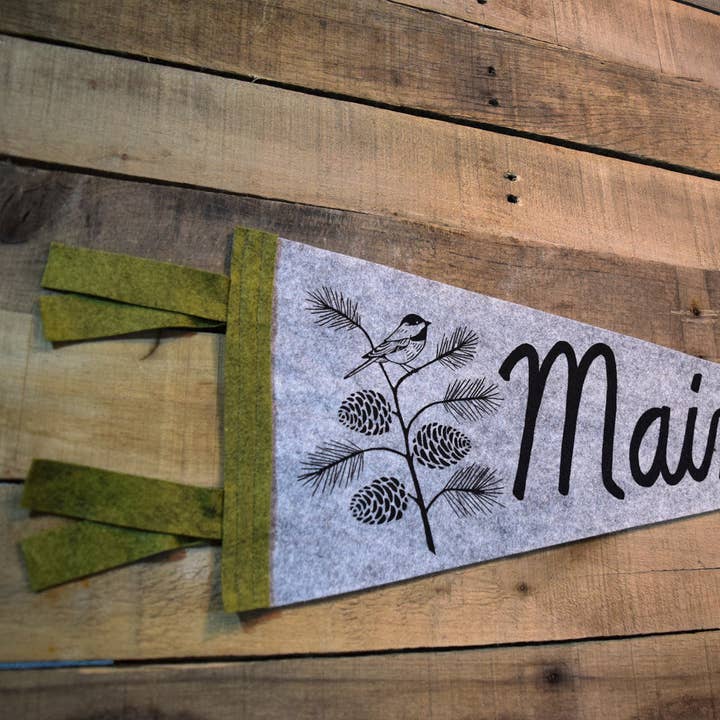 Quiet Tide Goods - Wholesale Banner - MAINE Pinecone & Chickadee Pennant on Gray Wool - Large Size