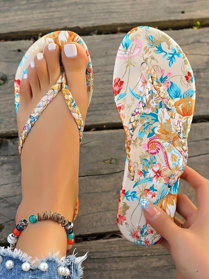Floral Print Braided Strap Flip Flops for wholesale by 66DISCO