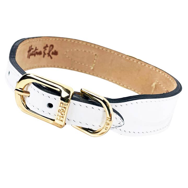 Italian White Patent Leather Dog Collar in Gold for wholesale by Hartman & Rose