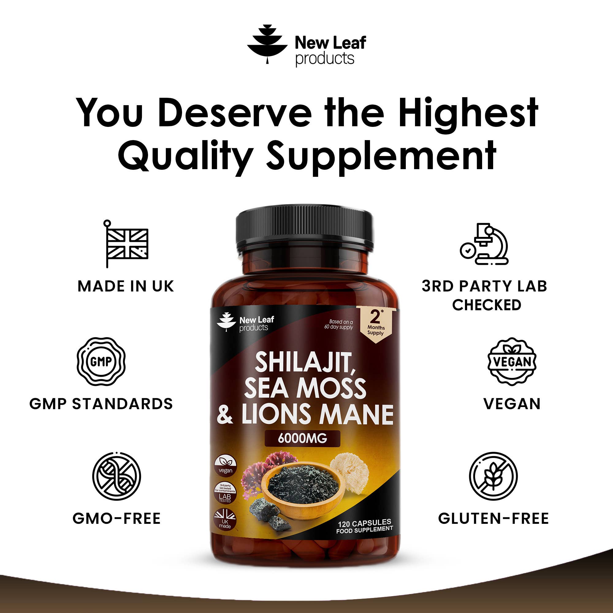 New Leaf products Ltd – wholesale Oral supplement/vitamin – Shilajit, Sea Moss & Lions Mane 6000mg Vegan Capsules3