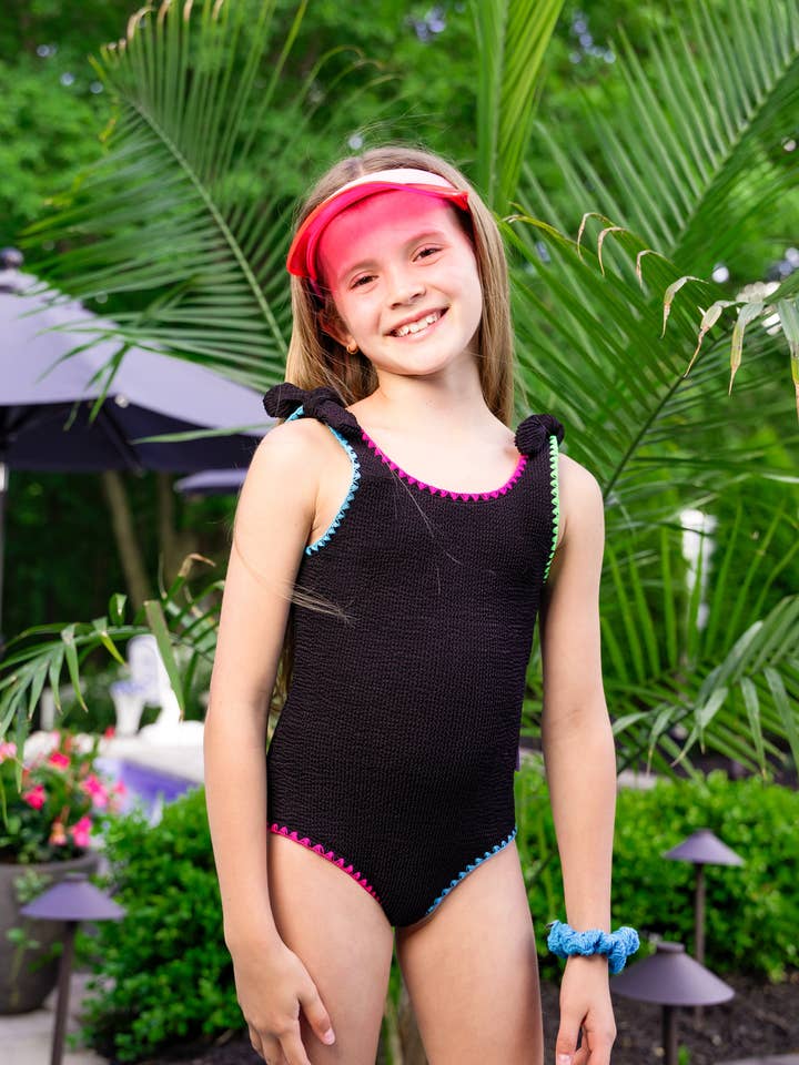 Kaya Crinkle Bow Tie One Piece - Embroidered Black for wholesale by Limeapple