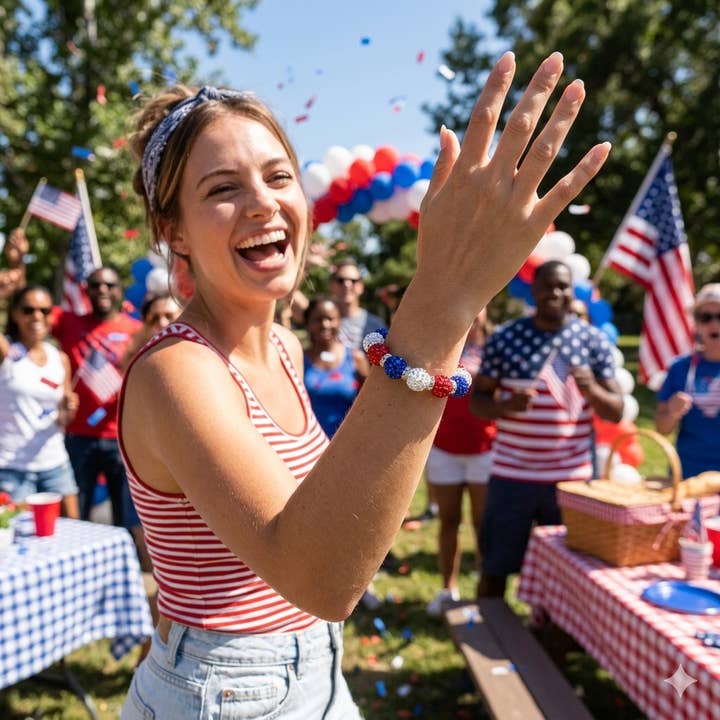 4 juli Rood Wit Blauw GLINSTER Kralen Stretch Armband voor wholesale door Fiona Accessories