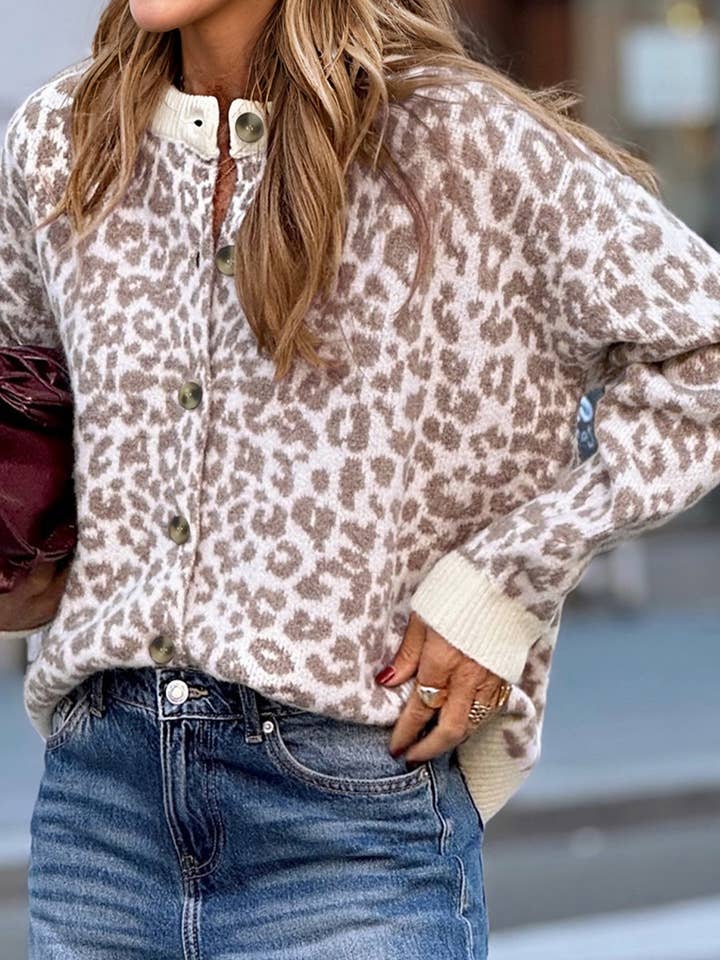 Cardigan de Malha Grossa com Ombros Caídos Leopardo por atacado de EmberLoom