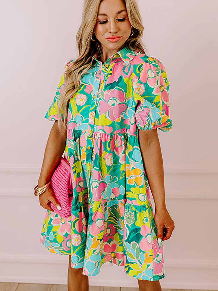 Lovesoft - Wholesale Dress - Women's - Floral Puff Sleeve Collar Buttoned Babydoll Dress