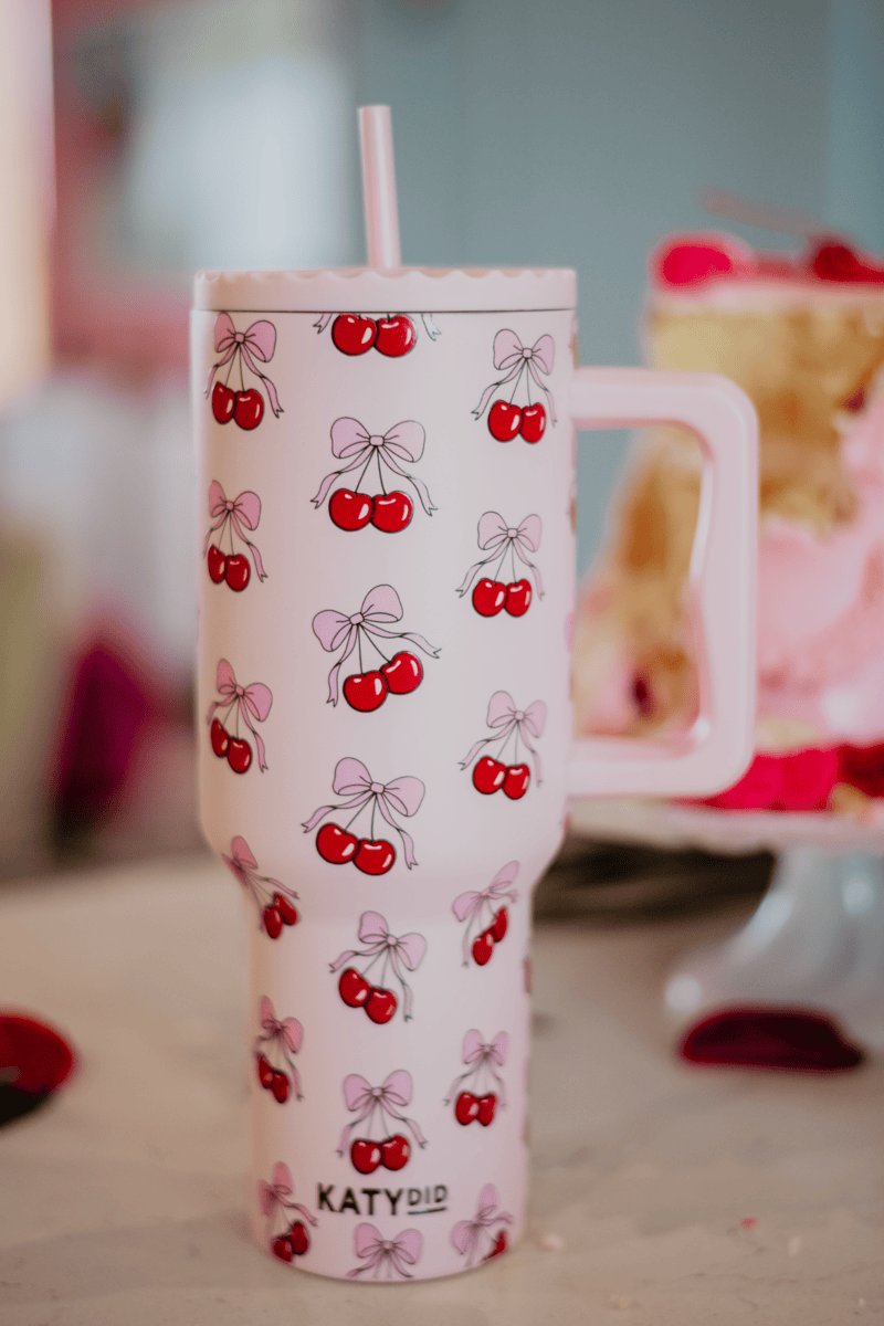 Light Pink Cherry Bow Wholesale 38 Oz Valentine's Tumbler Cup for wholesale on Faire1