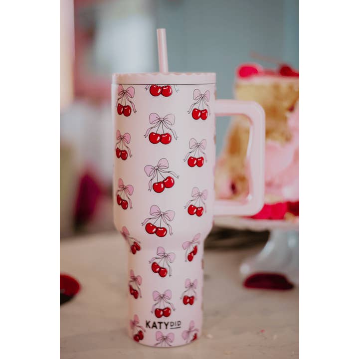 Light Pink Cherry Bow Wholesale 38 Oz Valentine's Tumbler Cup for wholesale on Faire1