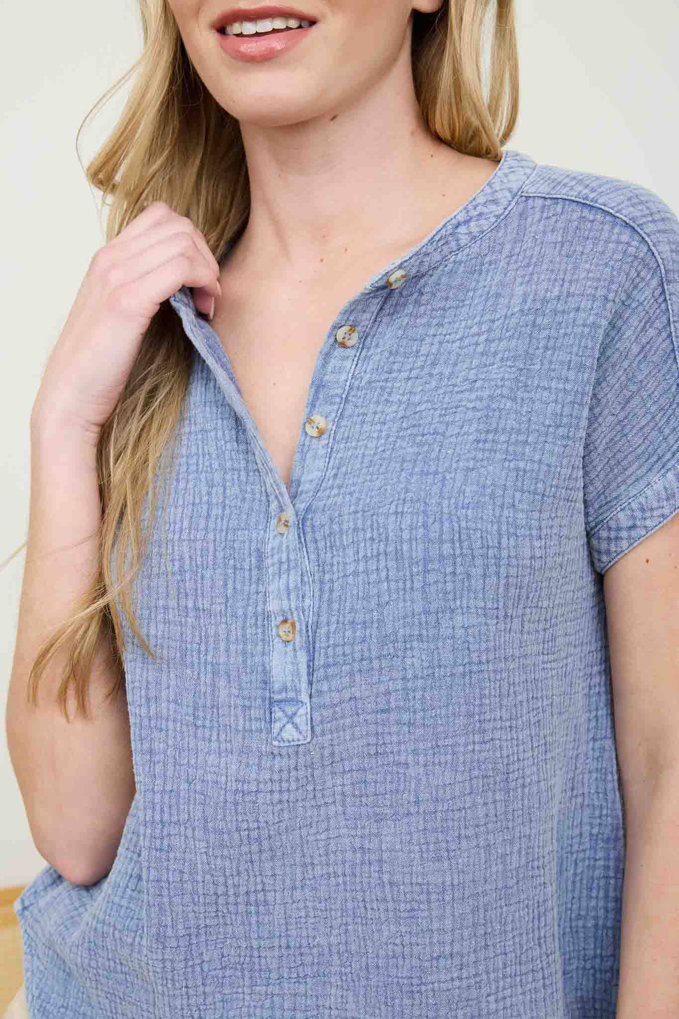 SHORT SLEEVE HENLEY CHAMBRAY TOP for wholesale on Faire0