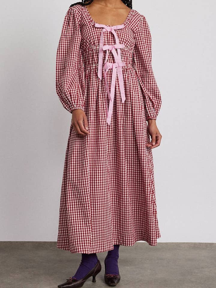 Rosa Clothing - Wholesale Dress - Women's - Mahogany Gingham Bow Sweetheart Puff Sleeves Midi Dress0