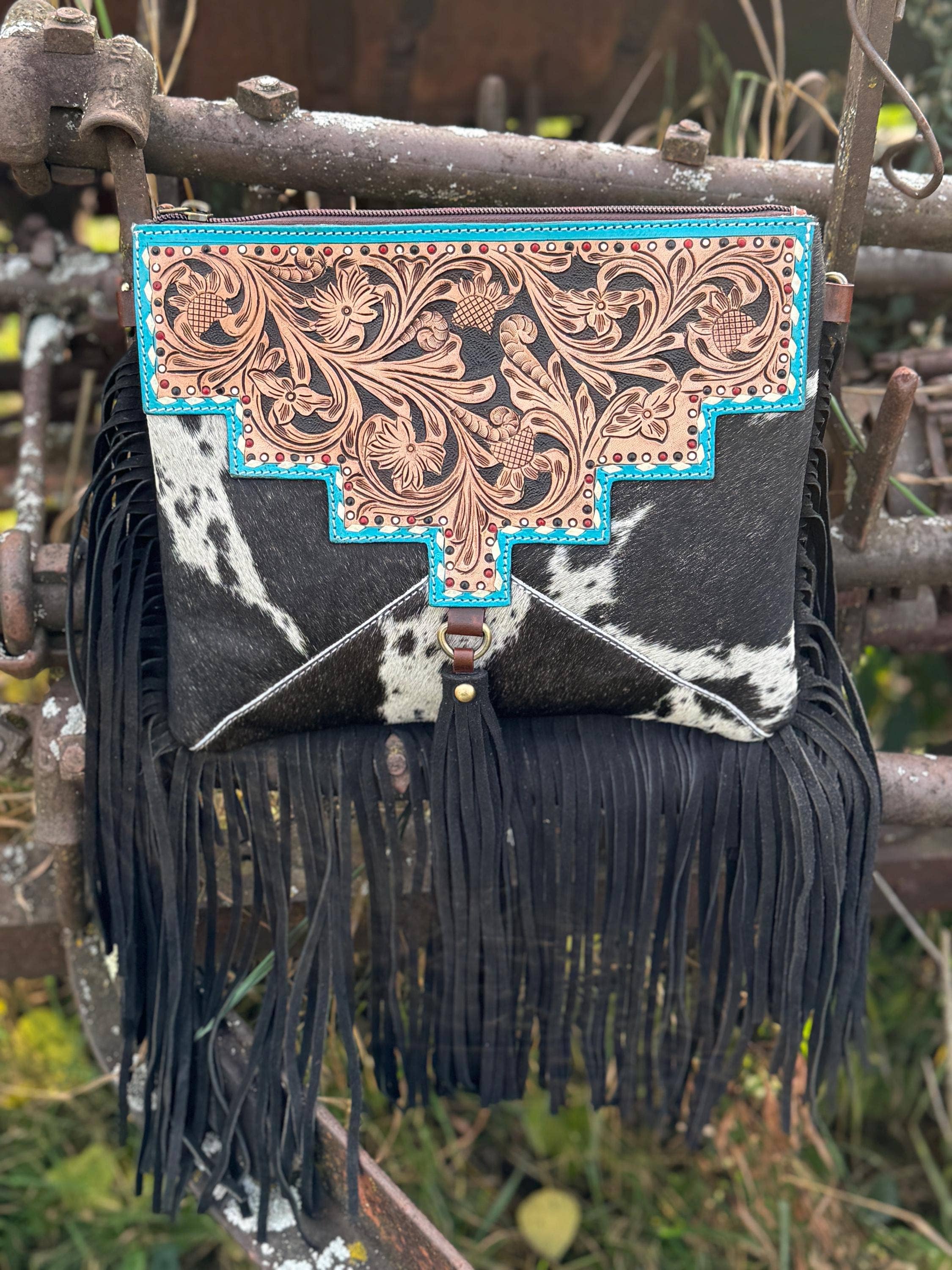 Double B Wild Rags - Wholesale Crossbody Bag - Women's - Black and Turquoise Genuine Western Cowhide Leather Purse with fringe by Double B Wild Rags2