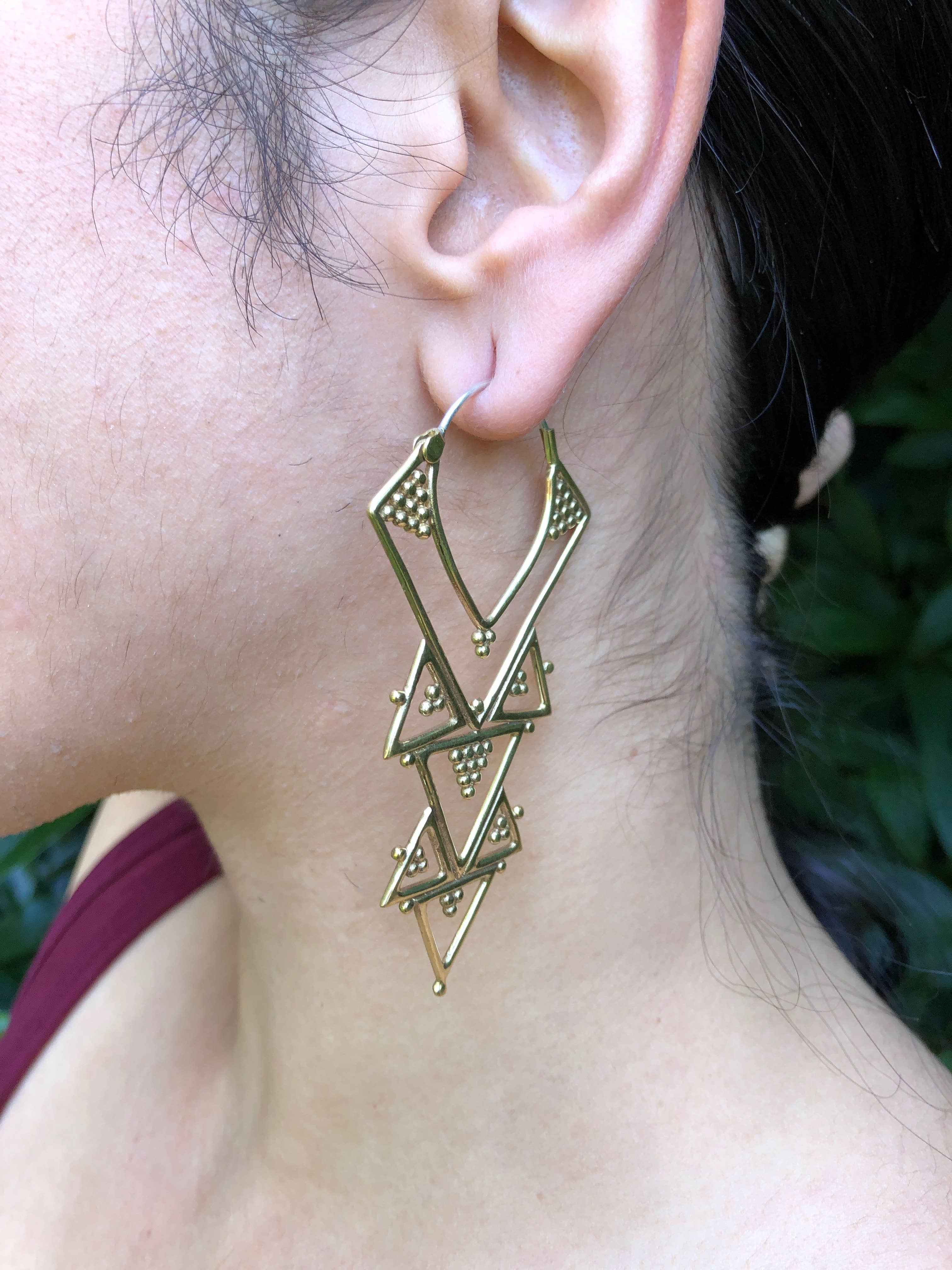 JAYA MOKSHA - Wholesale Dangle Earrings - Brass Tribal Boho Chandelier Earrings / Gold Triangle Hoops 8