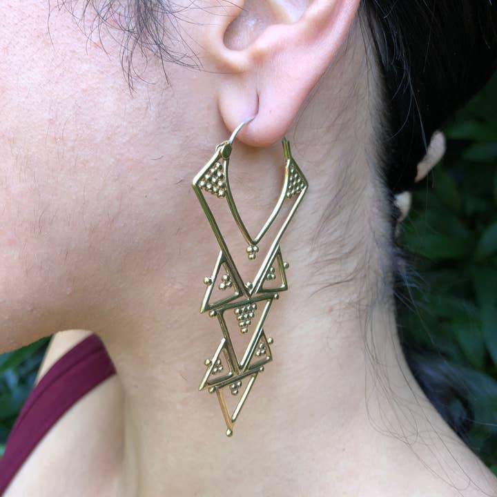 JAYA MOKSHA - Wholesale Dangle Earrings - Brass Tribal Boho Chandelier Earrings / Gold Triangle Hoops 8